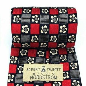 Robert Talbott Studio Nordstrom Silk Hand-sewn Red Navy Beige Floral Necktie 57"